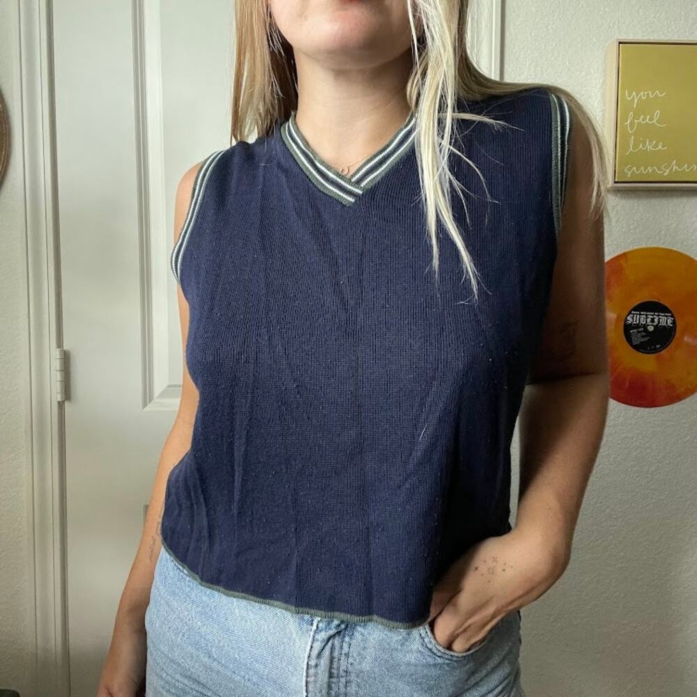 Vintage 90s Fiorlini International Navy & Green Knit Sweater Vest Sz L